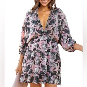 NWOT Pink, Black, and White Mini Dress Size L - Ruffles + DeepV=Sexy!!!